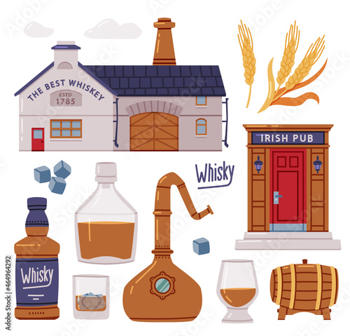 Whiskey Production Process with Irish Pub, Distillation, and Glass Bottles with Strong Spirit Vector Set