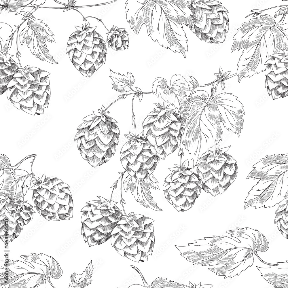 Botanical seamless black and white pattern with branches, leaves and flowers of hops. Vector hand drawn background. Botanical seamless black and white pattern with branches, leaves and flowers of hops. Vector hand drawn background.