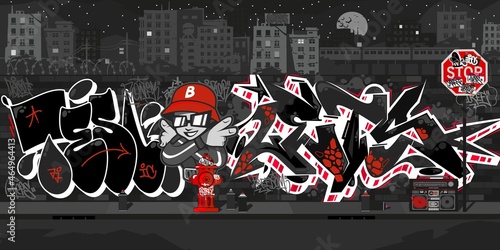 Dark Outdoor Urban Graffiti Wall With Drawings At Night Against The Background Of The Cityscape Vector Illustration Art