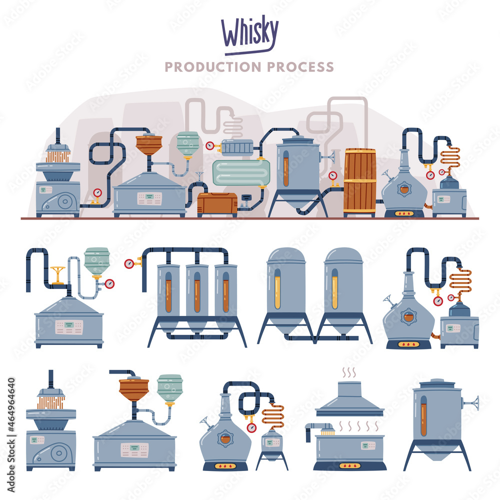 Whiskey Production Process with Distillation, Malting and Storage Vector Set Whiskey Production Process with Distillation, Malting and Storage Vector Set
