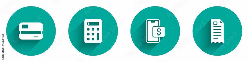 Set Credit card, Calculator, Mobile shopping and Financial check icon with long shadow. Vector Set Credit card, Calculator, Mobile shopping and Financial check icon with long shadow. Vector