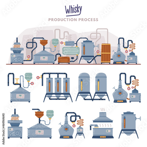 Whiskey Production Process with Distillation, Malting and Storage Vector Set
