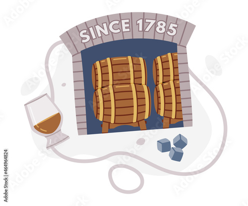 Whiskey Drink in Glass and Storing in Wooden Barrel Vector Composition