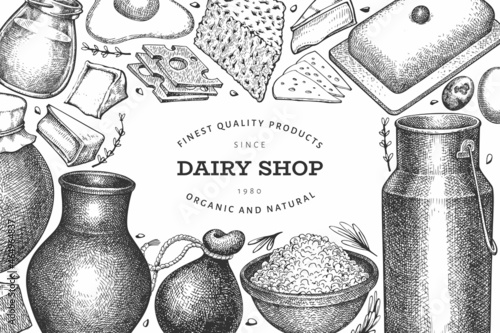 Farm food design template. Hand drawn vector dairy illustration. Engraved style different milk products and eggs banner. Retro food background.