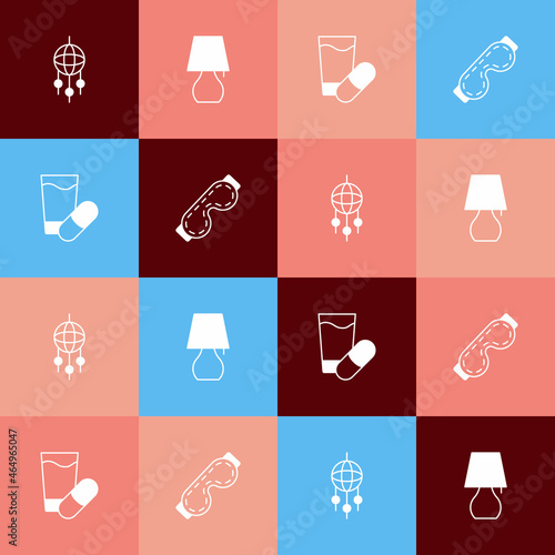 Set pop art Dream catcher with feathers, Table lamp, Sleeping pill and Eye sleep mask icon. Vector