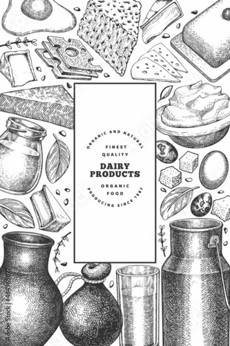 Farm food design template. Hand drawn vector dairy illustration. Engraved style different milk products and eggs banner. Retro food background.