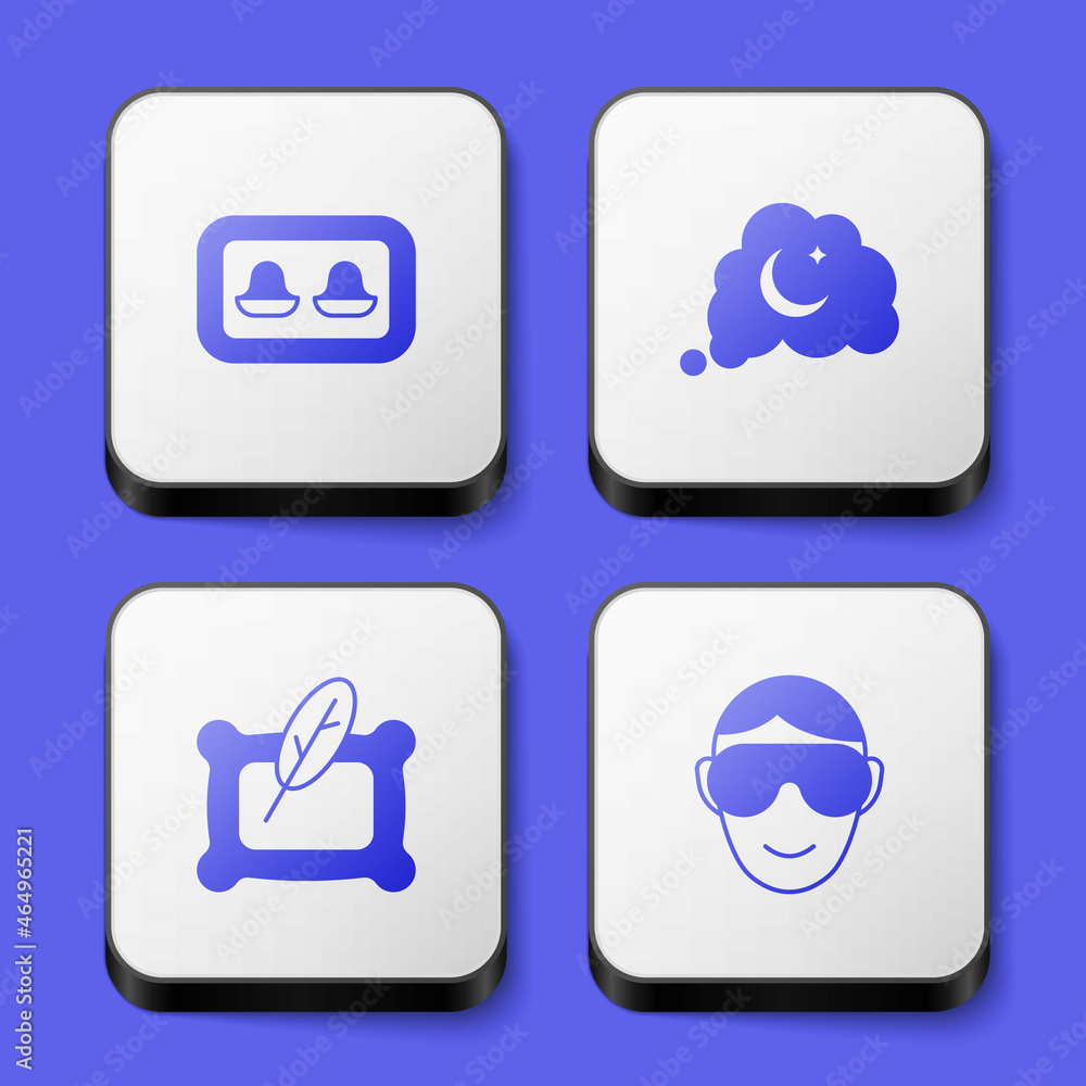 Set Earplugs with storage box, Dreams, Pillow and Eye sleep mask icon. White square button. Vector Set Earplugs with storage box, Dreams, Pillow and Eye sleep mask icon. White square button. Vector