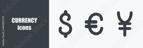 Set of currency icons. Dollar, euro, yen