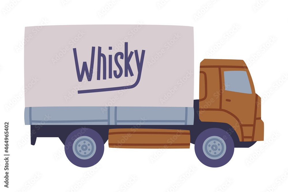 Delivery Truck Carrying Whiskey Bottles in Package for Distribution Vector Illustration Delivery Truck Carrying Whiskey Bottles in Package for Distribution Vector Illustration