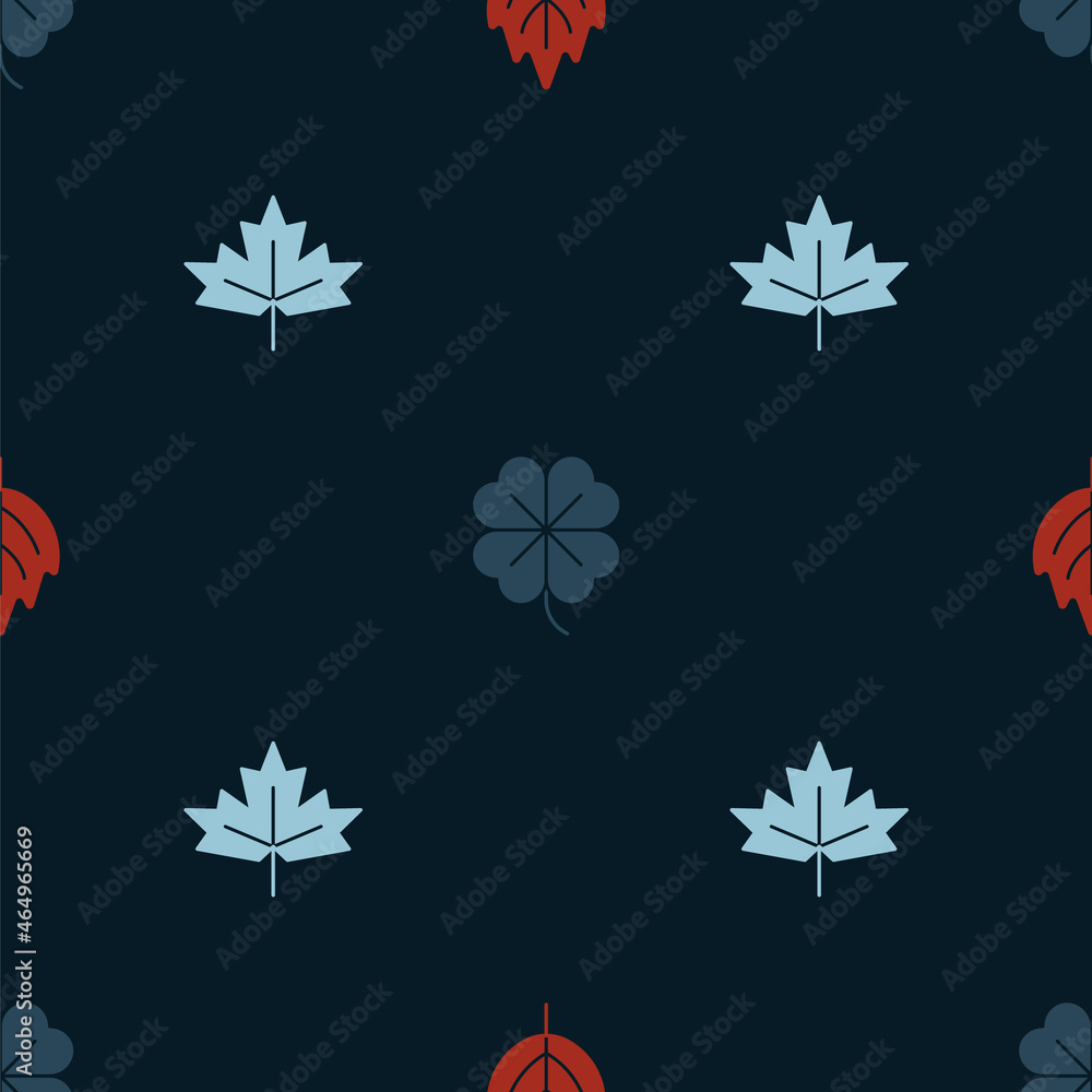 Set Leaf, Four leaf clover and Canadian maple on seamless pattern. Vector