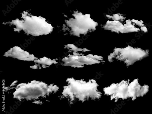 White clouds elements set, isolated on black background.