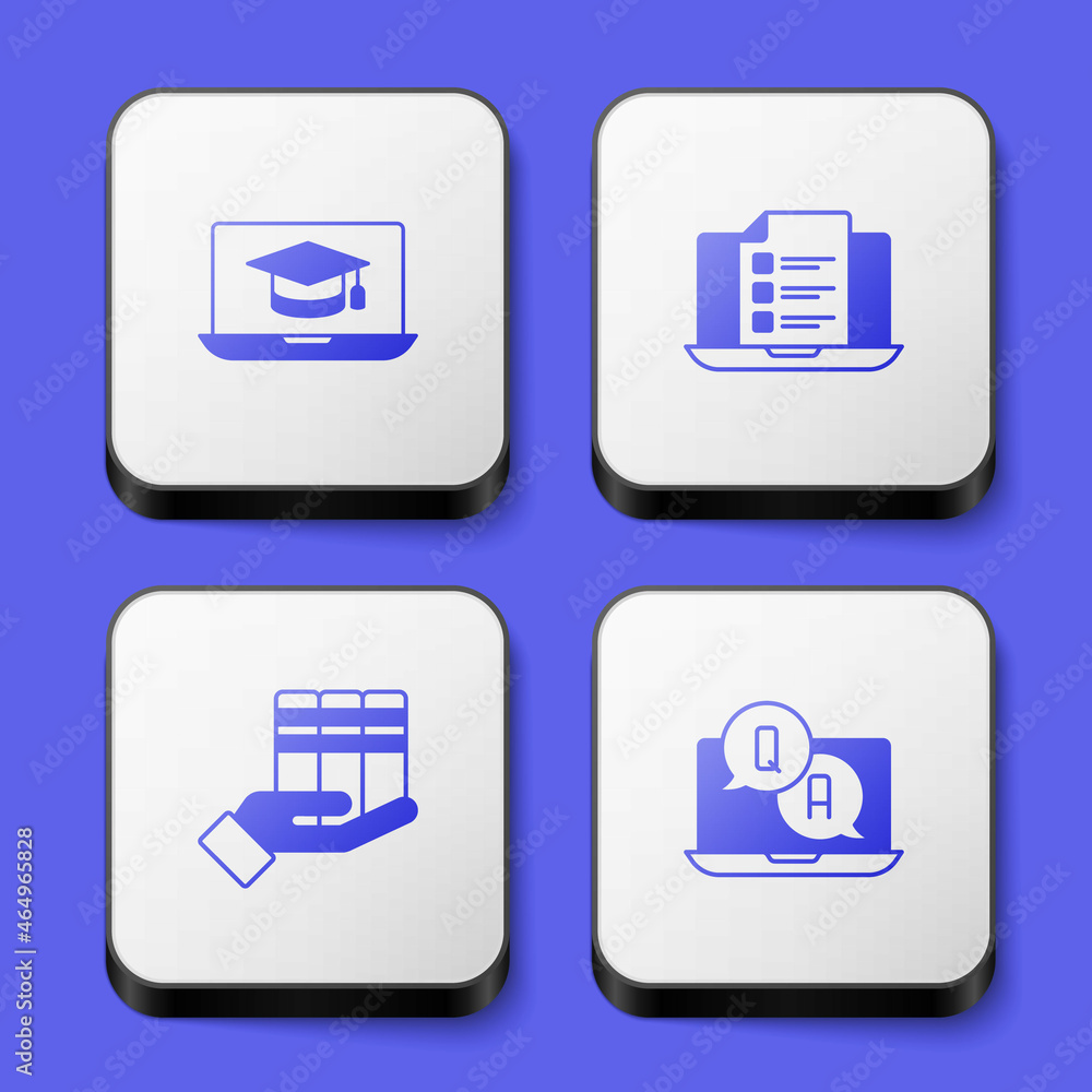 Set Graduation cap on laptop, Online quiz, test, survey, Book donation and Question and Answer icon. White square button. Vector Set Graduation cap on laptop, Online quiz, test, survey, Book donation and Question and Answer icon. White square button. Vector