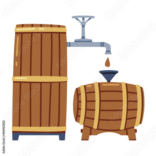 Whiskey Drink Process with Pouring in Wooden Barrel or Cask for Storage and Maturation Vector Illustration