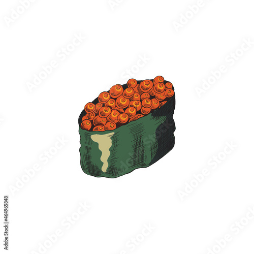 One sushi tobiko nigiri with red caviar of flying fish on top and seaweed.