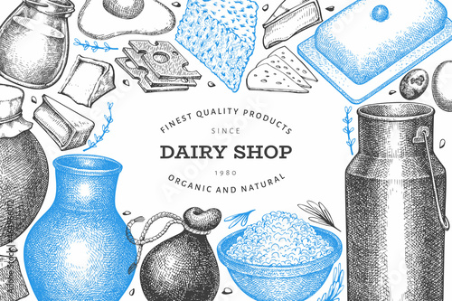Farm food design template. Hand drawn vector dairy illustration. Engraved style different milk products and eggs banner. Retro food background.