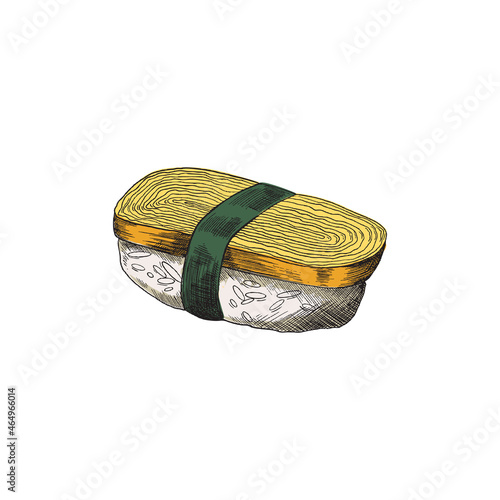 One fresh tamago sushi roll with egg, rice and seaweed.