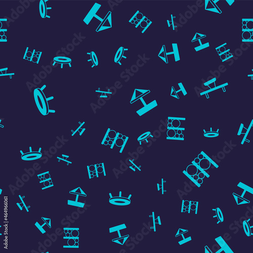 Set Jumping trampoline, Seesaw, Sandbox with sand and Playground climbing equipment on seamless pattern. Vector