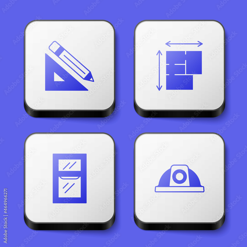 Set Triangular ruler and pencil, House plan, Window in room and Worker safety helmet icon. White square button. Vector Set Triangular ruler and pencil, House plan, Window in room and Worker safety helmet icon. White square button. Vector