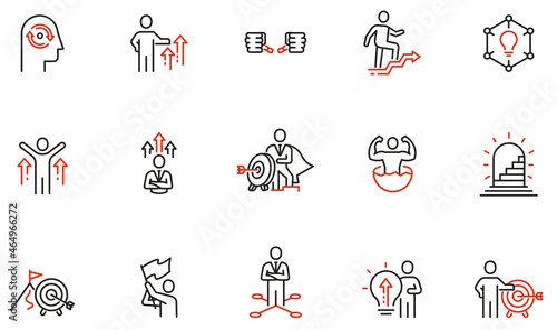 Vector set of linear icons related to assertiveness, striving for development, self-realization and career progress. Mono line pictograms and infographics design elements