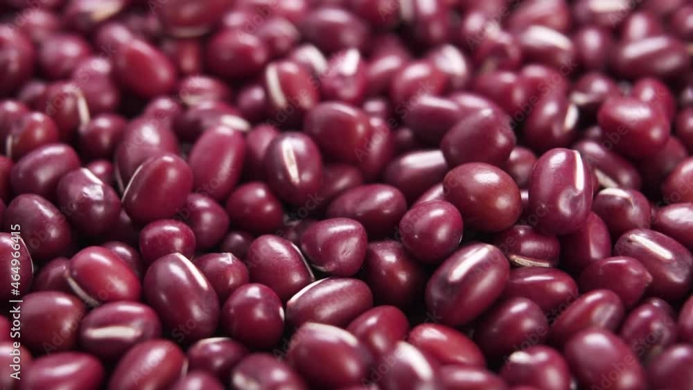 Red adzuki or azuki beans. Falling uncooked organic legume grains in slow motion. Macro. Traditional Japanese food. Rotation Red adzuki or azuki beans. Falling uncooked organic legume grains in slow motion. Macro. Traditional Japanese food. Rotation