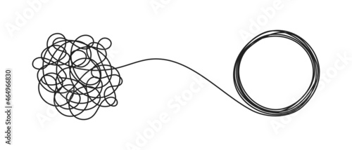 Chaos and order business concept flat style design vector illustration isolated on white background. Tangled disorder turns into circle order line, find solution. Coaching, mentoring or psychotherapy.
