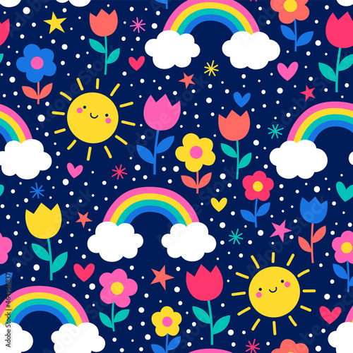 Colorful cute hand drawn floral, rainbow, cloud and sun cartoon seamless pattern with dot background