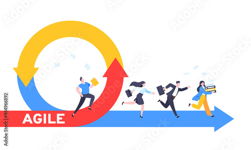 Agile development methodology business concept flat style design vector illustration isolated on white background. Agile life cycle for software development diagram. Business people run into project.