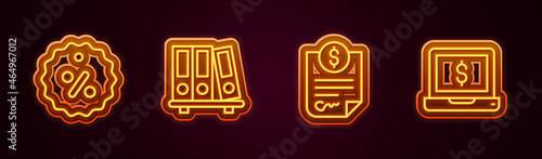 Set line Discount percent tag, Office folders, Contract money and Laptop with dollar. Glowing neon icon. Vector