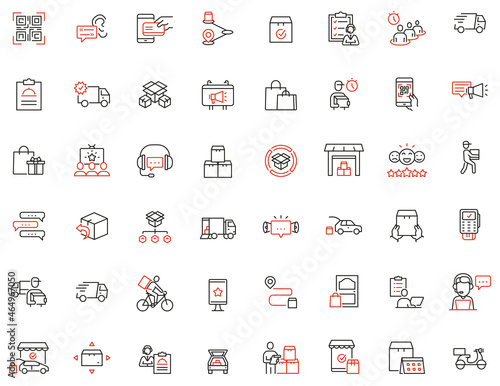 Vector Set of Linear Icons Related to Tracking Order, Shipping, Express Delivery Process and Order Curbside Pickup Online. Mono line pictograms and infographics design elements
