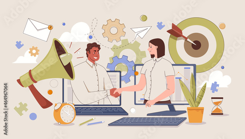 Online business relationship concept. Partners shake hands from monitors of different computers - successful completion of transaction, conclusion of contract. Vector flat illustration.
