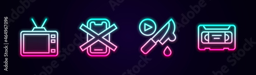 Set line Retro tv, No cell phone, Thriller movie and VHS video cassette tape. Glowing neon icon. Vector