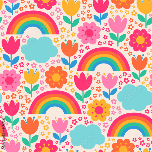 Colorful cute hand drawn floral, rainbow and cloud seamless pattern background.