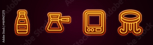 Set line Milk bottle, Coffee turk, Electronic coffee scales and table. Glowing neon icon. Vector