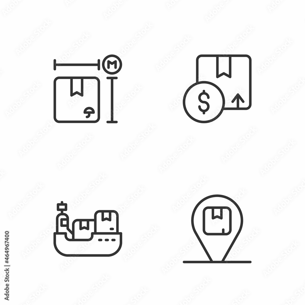 Set line Location with cardboard box, Cargo ship boxes delivery, Cardboard measurement and Carton icon. Vector Set line Location with cardboard box, Cargo ship boxes delivery, Cardboard measurement and Carton icon. Vector