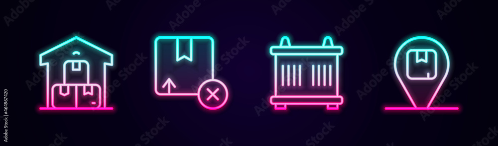Set line Full warehouse, Carton cardboard box, Container and Location with. Glowing neon icon. Vector Set line Full warehouse, Carton cardboard box, Container and Location with. Glowing neon icon. Vector