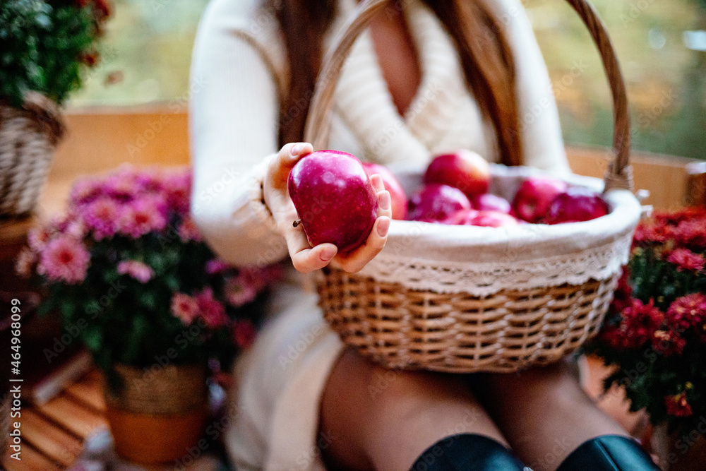 young beautiful plus size model in autumn brown warm coat sitting in boat on pond with chrysanthemums and basket full ripe apples in autumn park, concept of season leaf fall, romance and unusual date young beautiful plus size model in autumn brown warm coat sitting in boat on pond with chrysanthemums and basket full ripe apples in autumn park, concept of season leaf fall, romance and unusual date