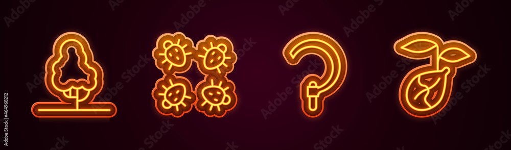 Set line Fruit tree, Colorado beetle, Sickle and Sprout. Glowing neon icon. Vector Set line Fruit tree, Colorado beetle, Sickle and Sprout. Glowing neon icon. Vector