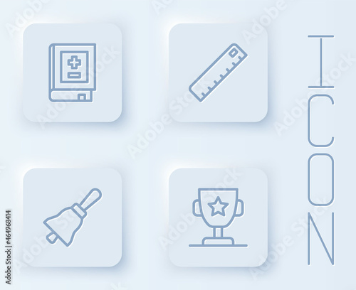 Set line Book with mathematics, Ruler, Ringing bell and Award cup. White square button. Vector