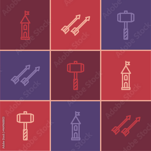Set line Castle tower, Battle hammer and Medieval arrows icon. Vector