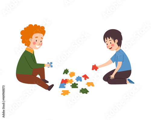 Smart kids solving jigsaw puzzles flat vector illustration on white background.