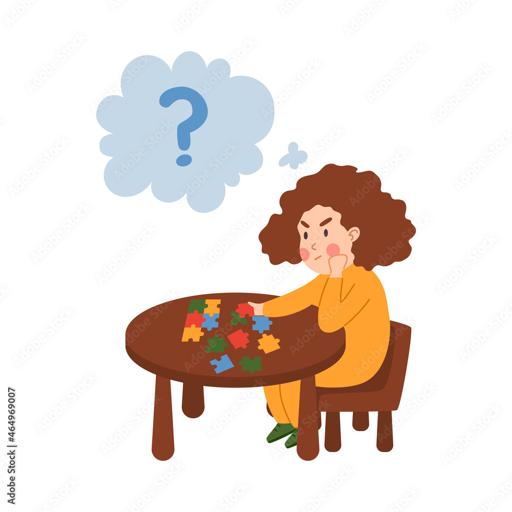 Thoughtful girl is sitting at table and solving complex puzzle from different pieces. Vector flat cartoon illustration of child's character isolated on white background. Thoughtful girl is sitting at table and solving complex puzzle from different pieces. Vector flat cartoon illustration of child's character isolated on white background.