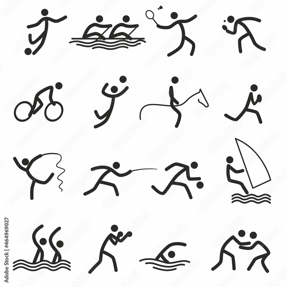 Sports icons, sports. Summer sports. Rowing, cycling, fencing, wrestling and others. Silhouettes of humanoids