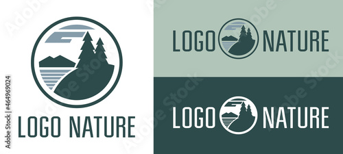 Nature logo. Stylish brand name Wildlife. Christmas trees on the river bank