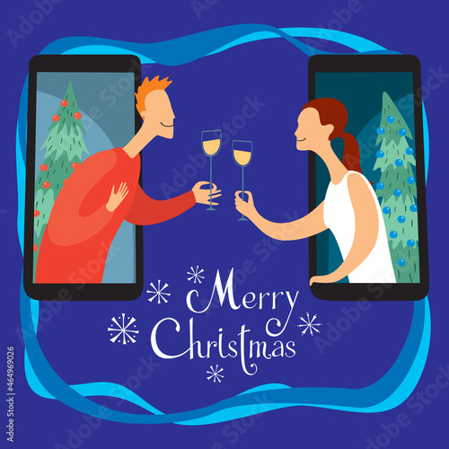 Postcard Merry Christmas. The guy and the girl clink glasses of champagne. Everyone in their smartphone