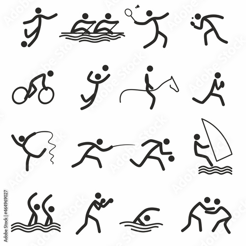 Sports icons  sports. Summer sports. Rowing  cycling  fencing  wrestling and others. Silhouettes of humanoids