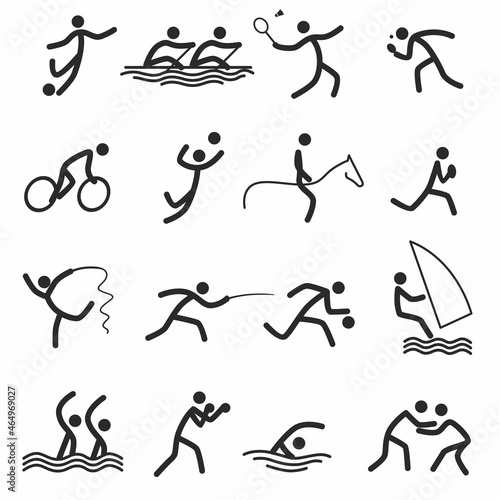 Sports icons, sports. Summer sports. Rowing, cycling, fencing, wrestling and others. Silhouettes of humanoids