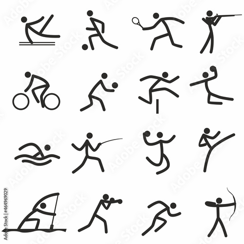 Sports icons, sports. Summer sports. Rowing, cycling, fencing, wrestling and others. Silhouettes of humanoids