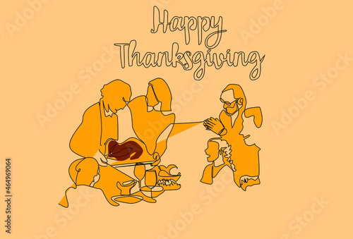 happy thanks giving family concept. The Thanksgiving turkey is at the table for dinner, and all family members are happy.