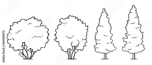 Garden trees vector stock illustration - black and white image.
