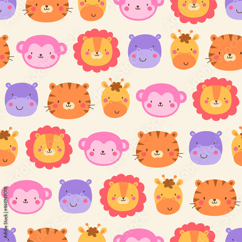 Cute jungle animals face seamless pattern background.